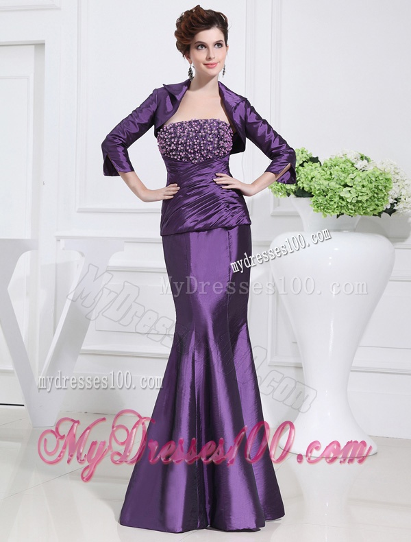 Strapless Floor-length Beading Taffeta Eggplant Purple Evening Dress