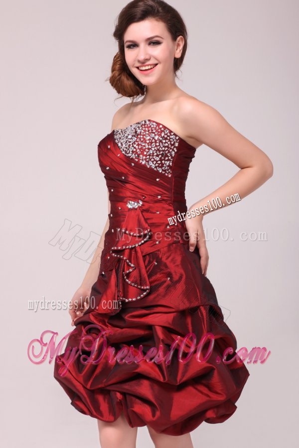 Strapless Knee-length Burgundy Evening Dress with Pick-ups and Beading