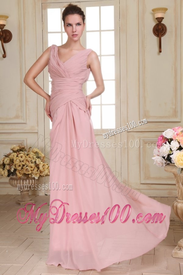 V-neck Floor-length Ruche Decorate Empire Chiffon Evening Dress