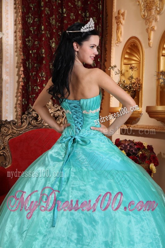 Aqua Blue Puffy Dresses for A Quince Decored White Appliques