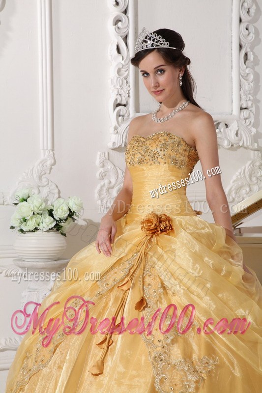 Appliques Dress for Quinceaneras in Gold Embellished with Flower