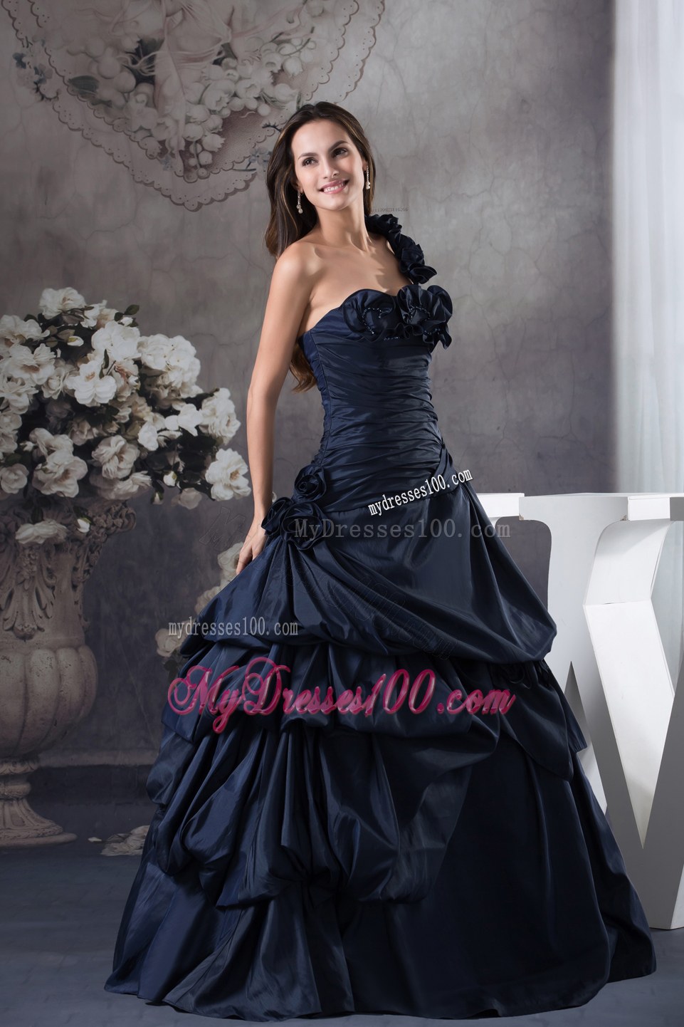 Floral One Shoulder Dresses Quinceanera in Dark Blue with Ruffles