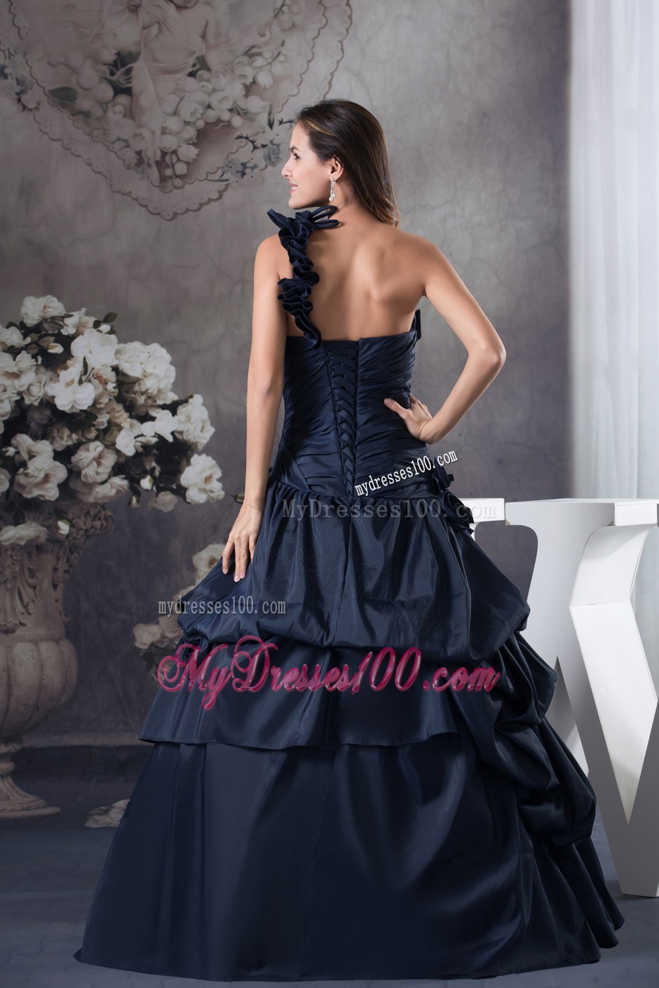 Floral One Shoulder Dresses Quinceanera in Dark Blue with Ruffles