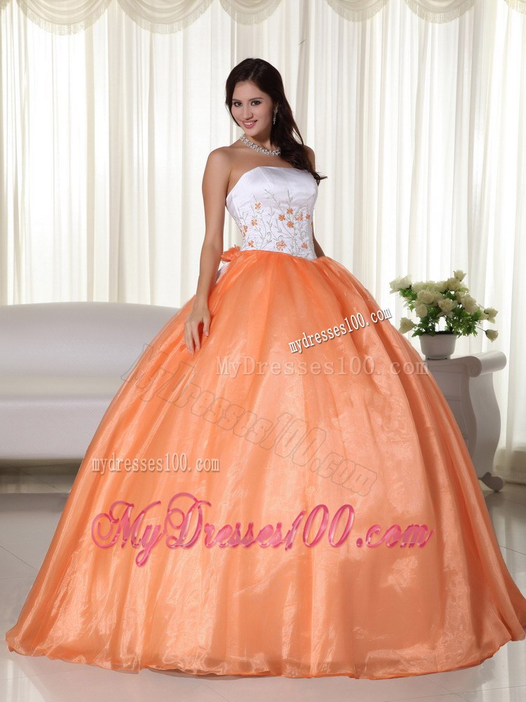 Orange and White Dress for Quinceaneras with Puffy Skirt