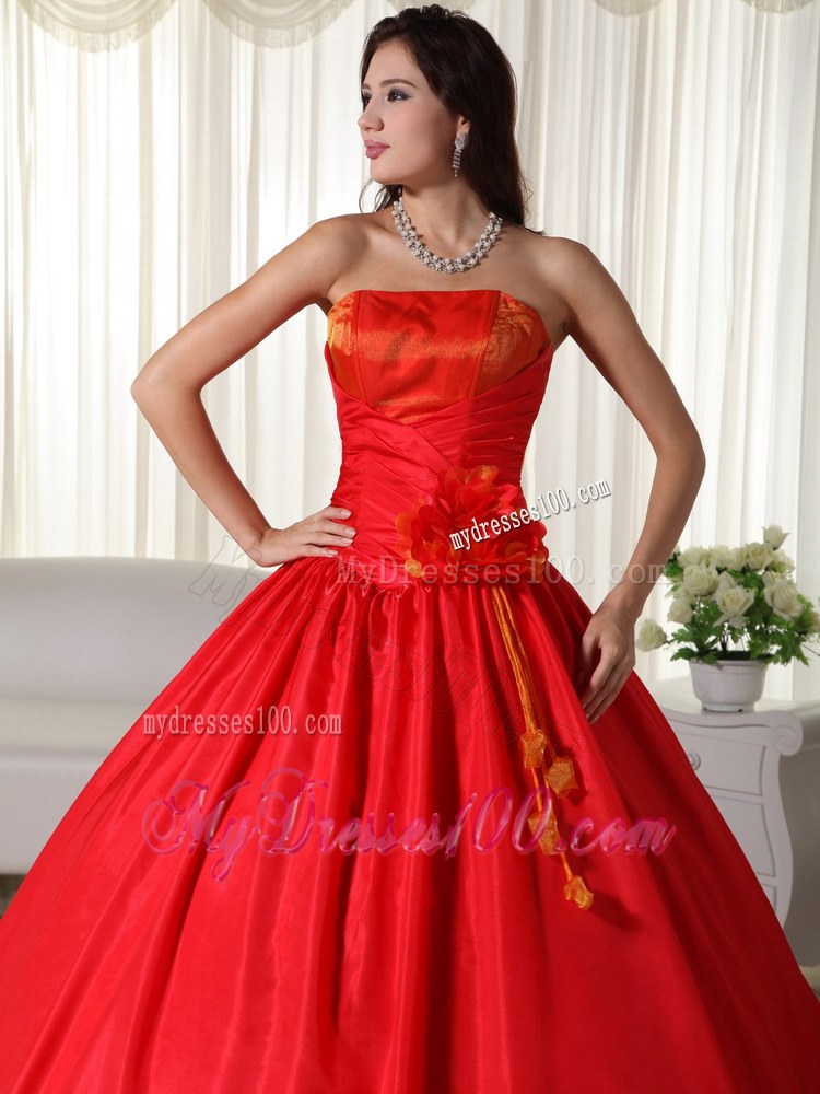 Red Strapless Dresses Quinceanera with Hand Made Flowers