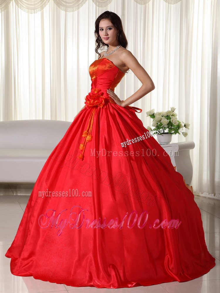 Red Strapless Dresses Quinceanera with Hand Made Flowers