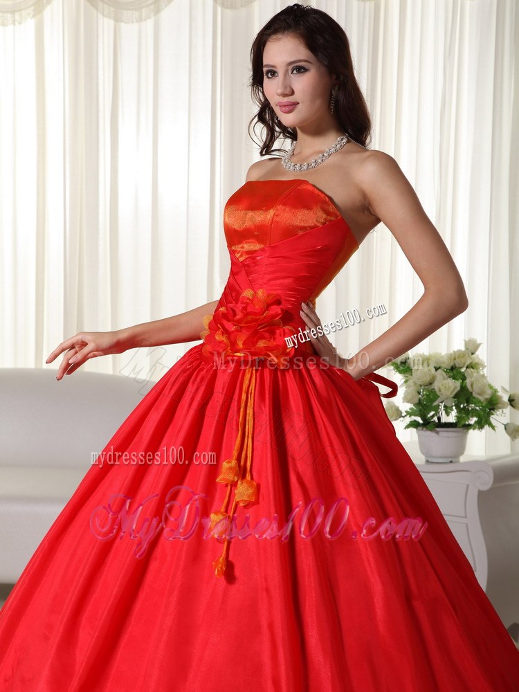 Red Strapless Dresses Quinceanera with Hand Made Flowers