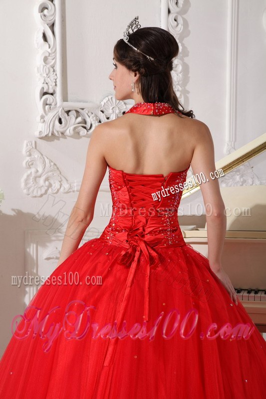 Halter Forming V-neck Beading Sweet 15 Dresses in Red