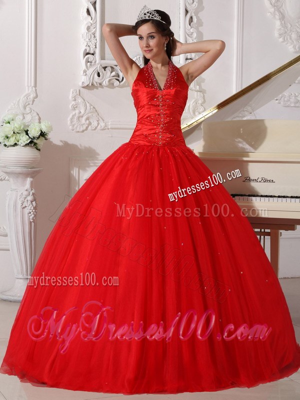 Halter Forming V-neck Beading Sweet 15 Dresses in Red