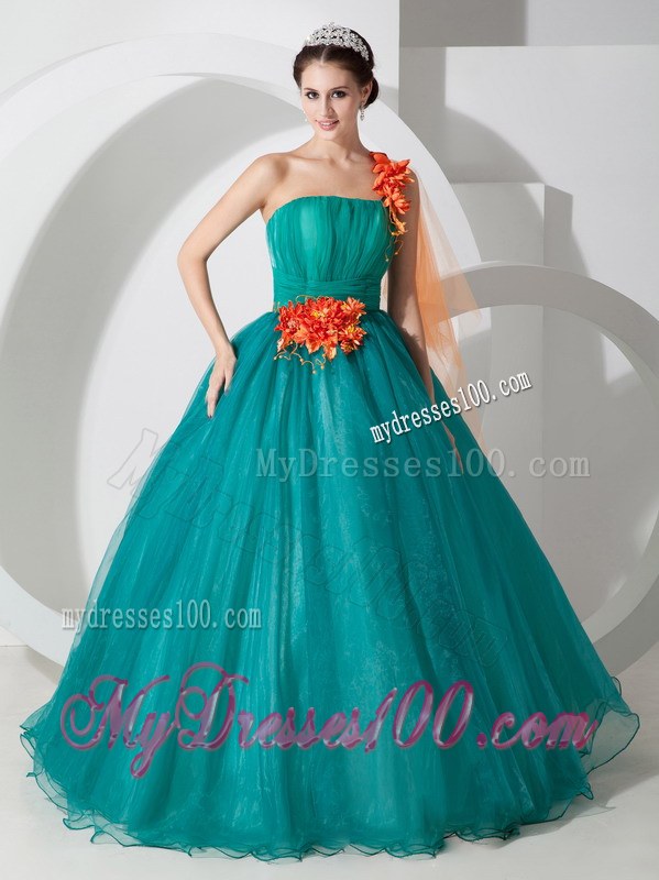 A-line One Shoulder Teal Quinceanera Dresses Embellished Petals