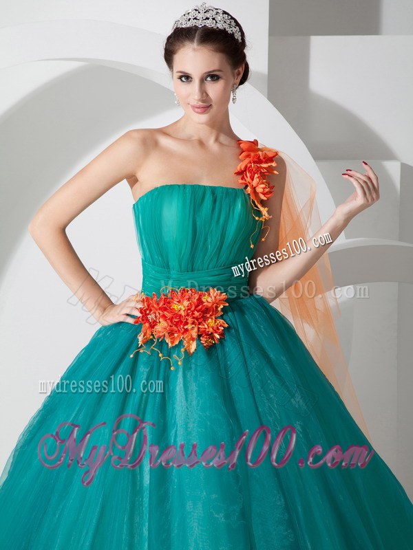 A-line One Shoulder Teal Quinceanera Dresses Embellished Petals