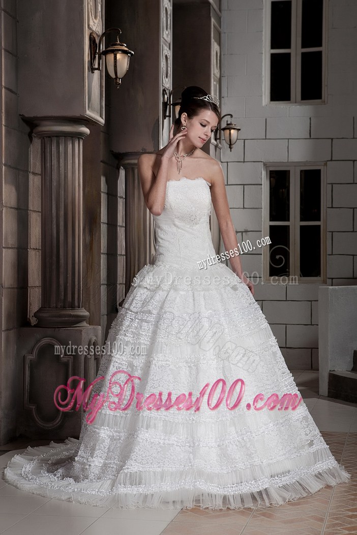 Customize Strapless Brush Train Special Fabric Beading Wedding Dresses