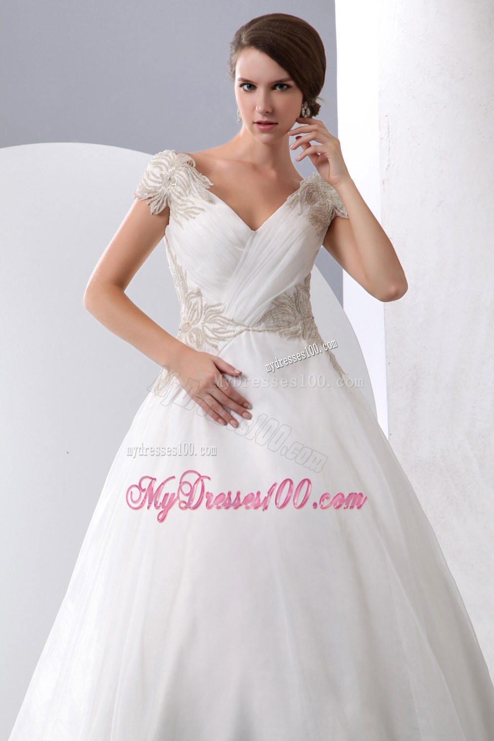 V-neck Chapel Train Beaded Wedding Dresses with Cap Sleeves