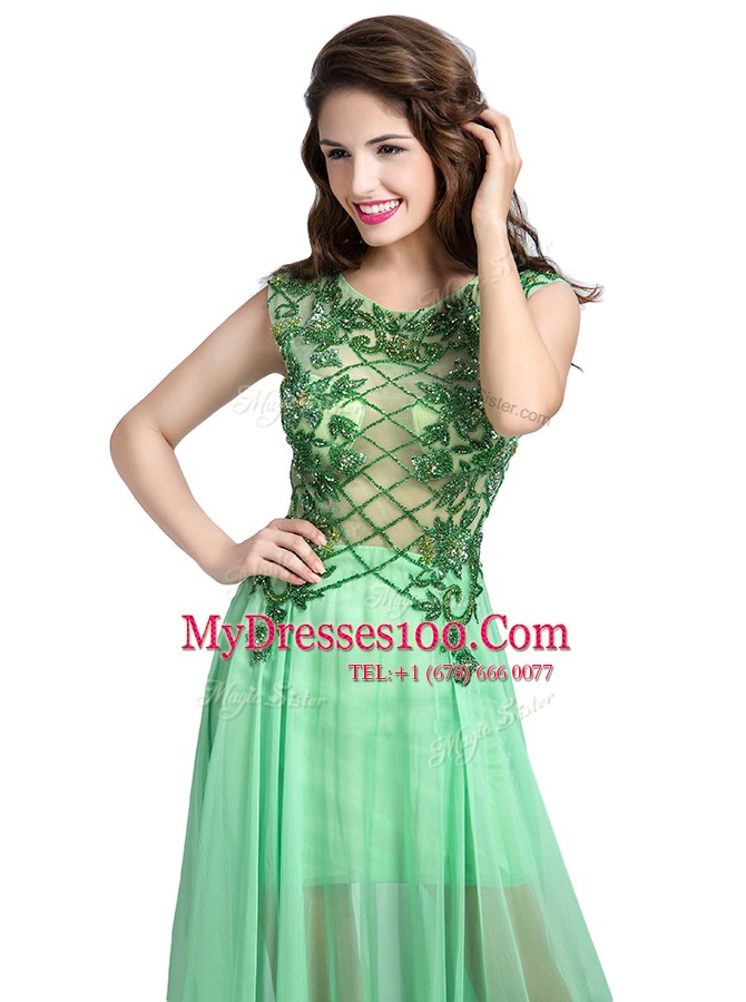 Artistic Scoop Sleeveless Tulle Floor Length Backless Prom Evening Gown in Apple Green with Beading and Appliques