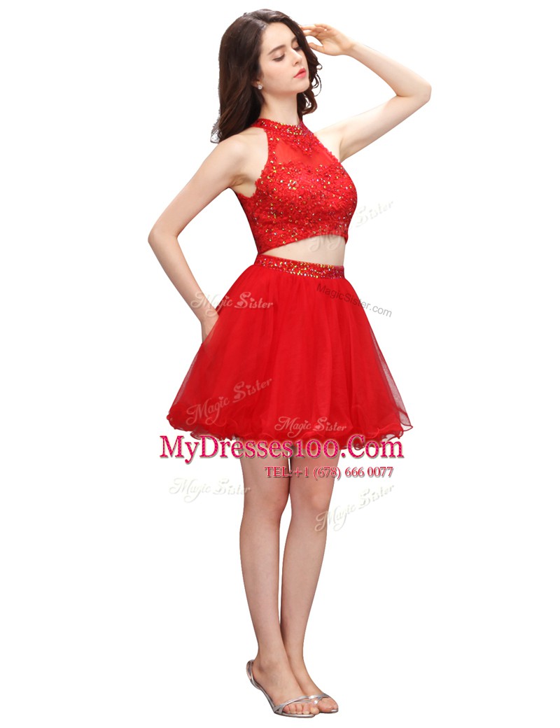 Coral Red Sleeveless Mini Length Beading Zipper Evening Dress