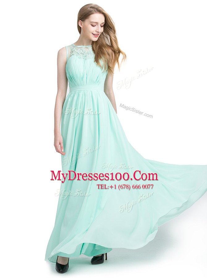 Nice Turquoise Chiffon Zipper Prom Dresses Sleeveless Floor Length Appliques