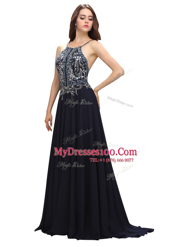 Black Prom Gown Prom and Party and For with Beading Spaghetti Straps Sleeveless Brush Train Zipper