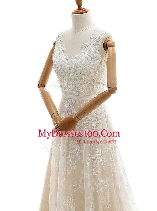 Sleeveless Lace With Train Chapel Train Zipper Bridal Gown in Champagne with Lace