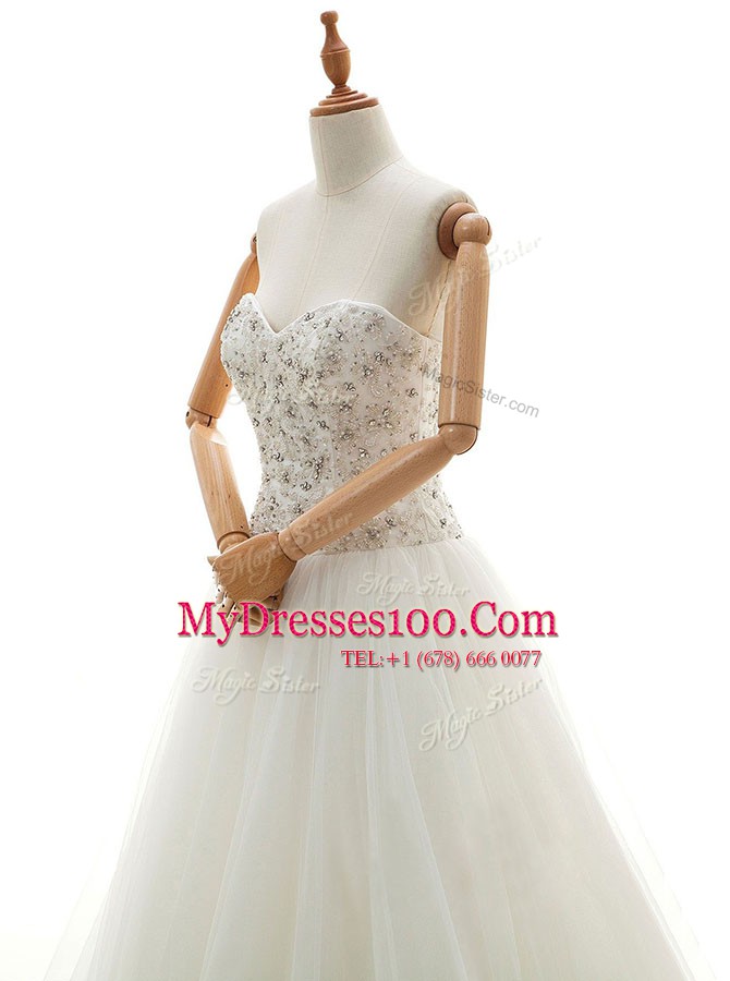 Beauteous Sweetheart Sleeveless Chapel Train Lace Up Wedding Gown White Tulle