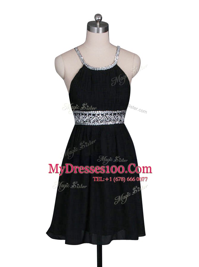 Black Chiffon Zipper Halter Top Sleeveless Mini Length Evening Dress Beading