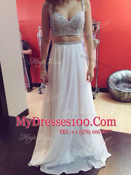 Inexpensive White Chiffon Zipper Spaghetti Straps Sleeveless Floor Length Evening Dress Sequins