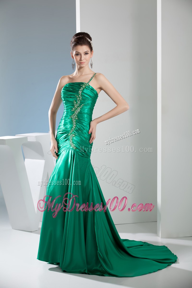 Beading Mermaid Court Train One Shoulder Celebrity Dress in Green