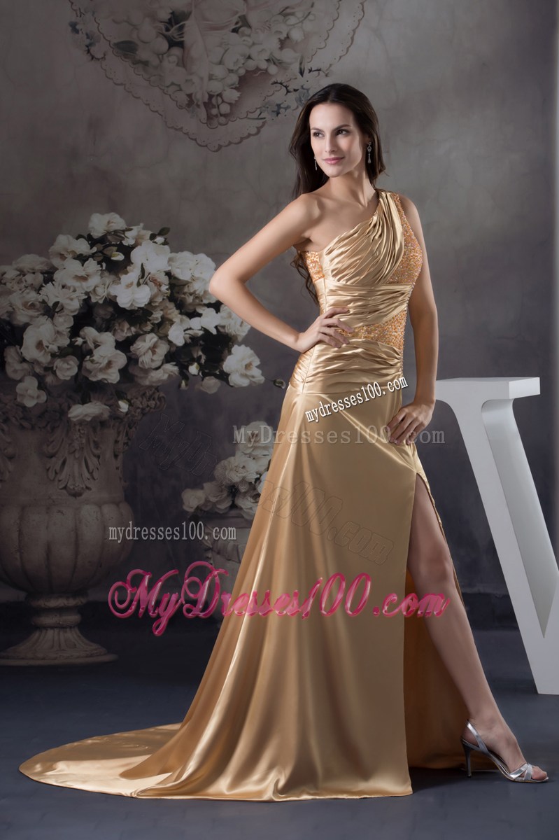 Champagne Beading One Shoulder Court Train Column Prom Dress