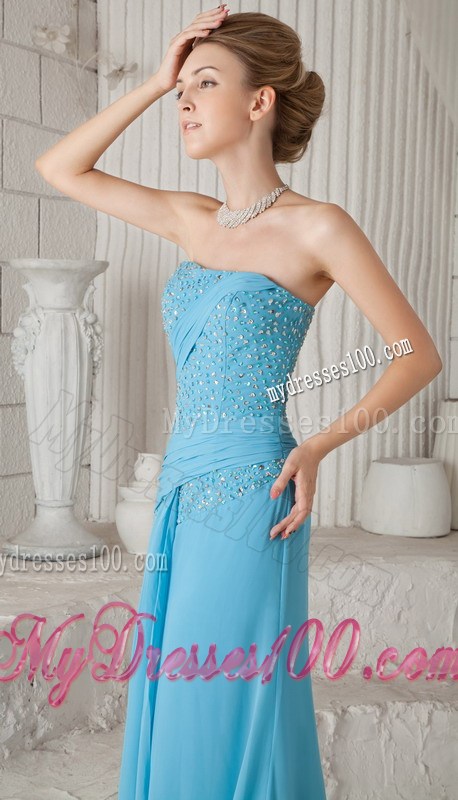 Aqua Blue Brush Train Beading and Ruching Prom Celebrity Dress