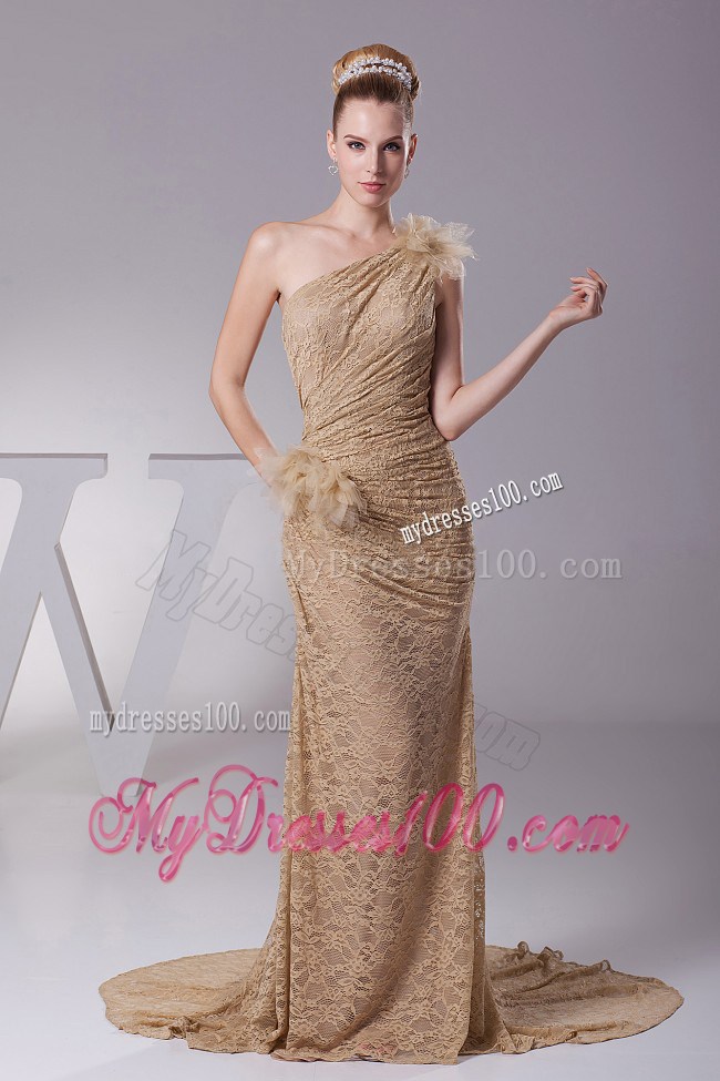 Hand Made Flowers Decorate One Shoulder Lace Brush Train 2013 Prom Dress