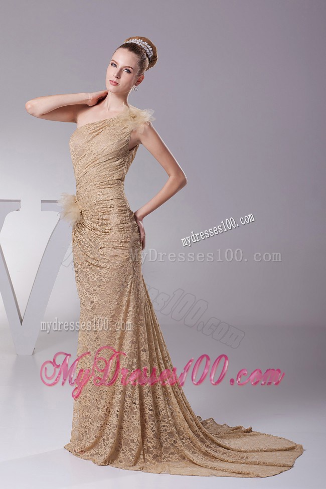 Hand Made Flowers Decorate One Shoulder Lace Brush Train 2013 Prom Dress