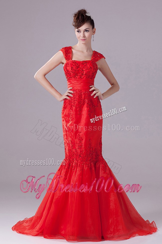 Mermaid Beading Square Appliques Prom Celebrity Dress in Red