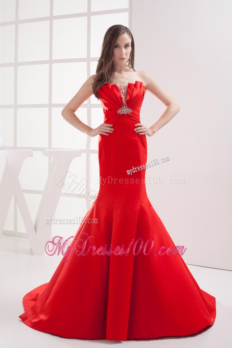 Red Mermaid Strapless Beading and Ruching Prom Celebrity Dress