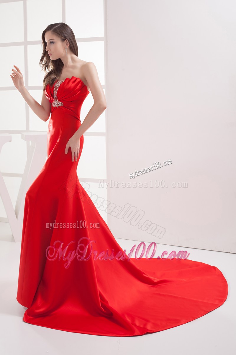 Red Mermaid Strapless Beading and Ruching Prom Celebrity Dress