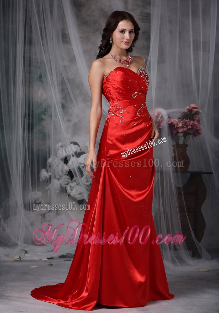 Red Column Sweetheart Beading Celebrity Dress with Brush Train