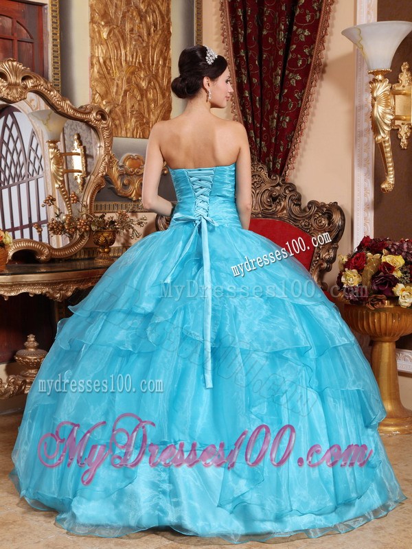 Aqua Blue Ball Gown Strapless Organza Layers Beaded Quinceanera Dress