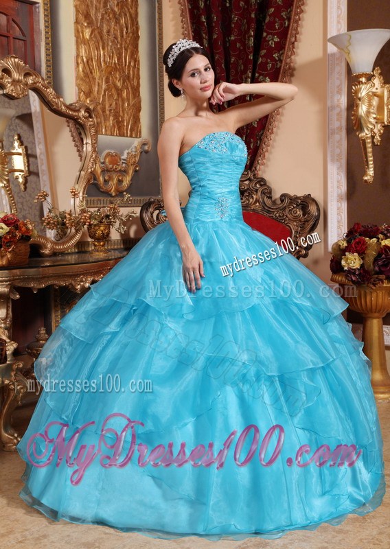 Aqua Blue Ball Gown Strapless Organza Layers Beaded Quinceanera Dress