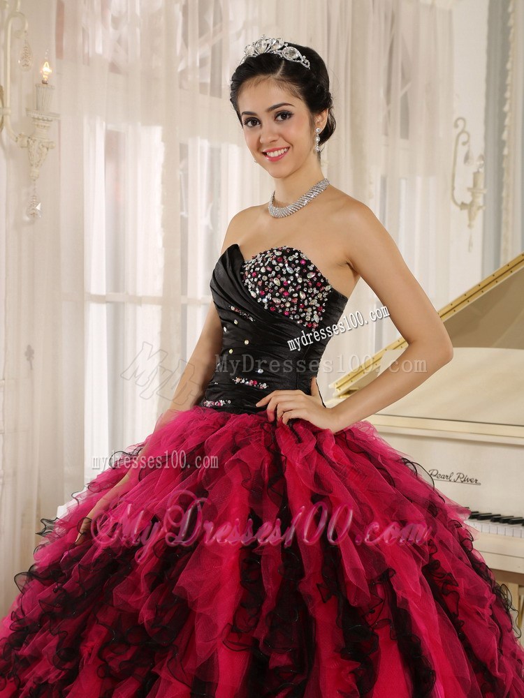 Quinceanera Gown Decorated Beading in Black and Hot Pink