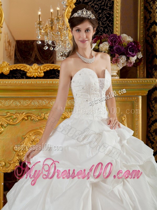 Ball Gown Strapless White Quinceanera Dress with Beading and Pick-ups