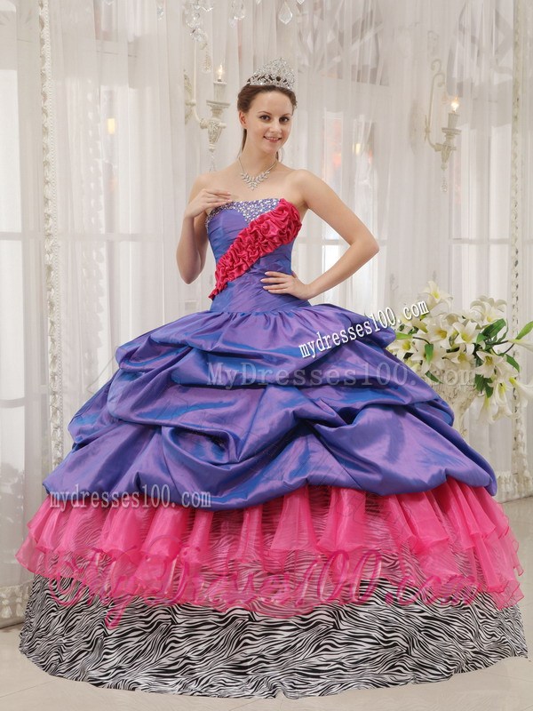 Strapless Beading Pick-ups Purple Quinceanera Dress with Zebra