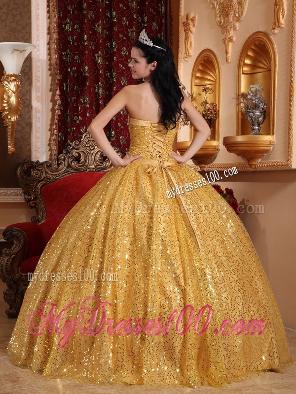 Gold Ball Gown Sweetheart Quinceanera Dress with Beading and Sequins