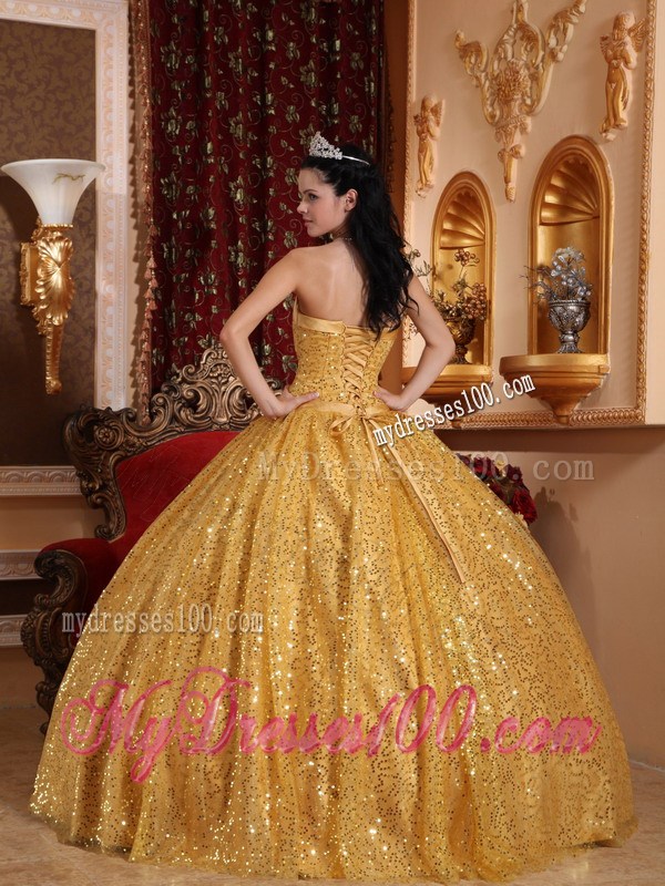 Gold Ball Gown Sweetheart Quinceanera Dress with Beading and Sequins