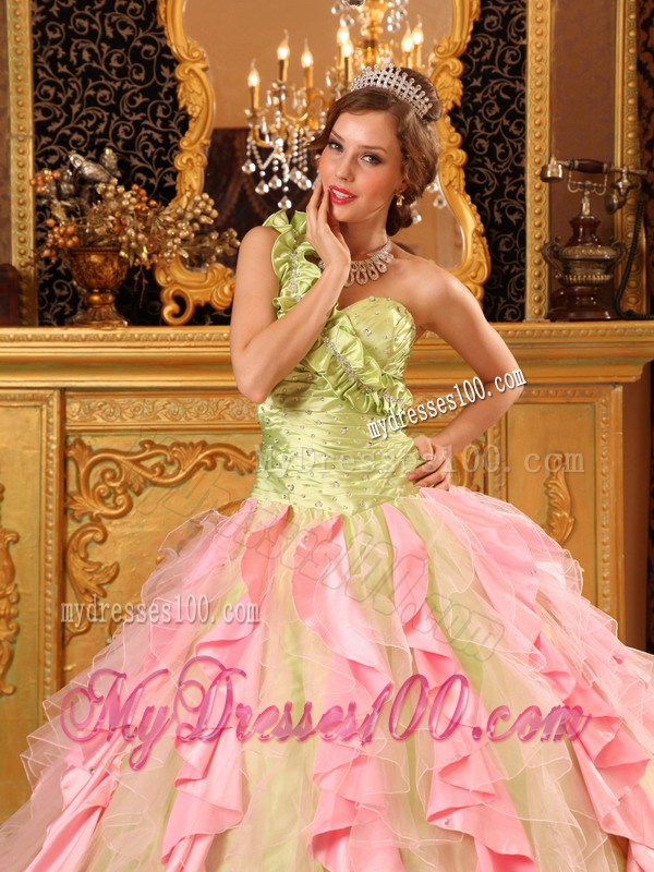 Multi-Color Ball Gown One Shoulder Beaded and Ruffled Quinceanera Dress