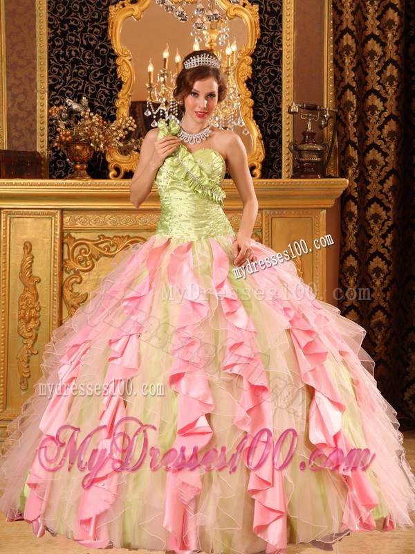 Multi-Color Ball Gown One Shoulder Beaded and Ruffled Quinceanera Dress