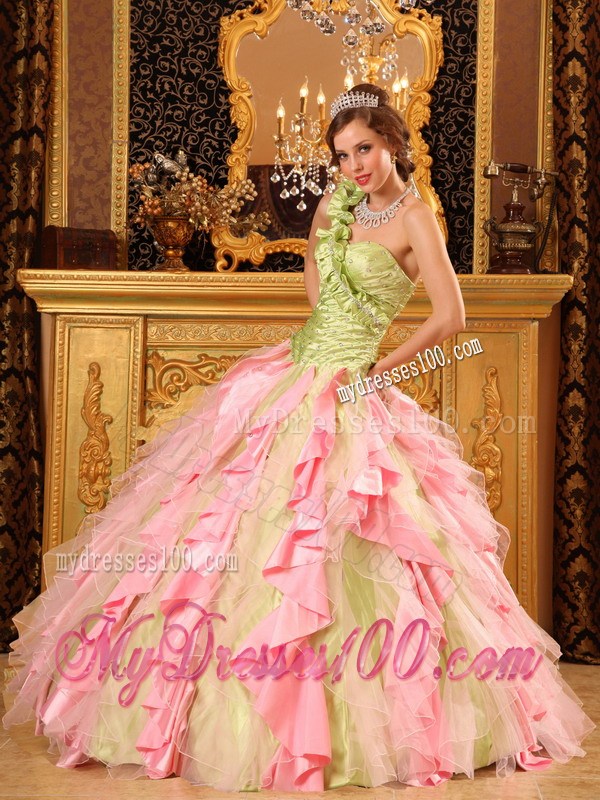 Multi-Color Ball Gown One Shoulder Beaded and Ruffled Quinceanera Dress