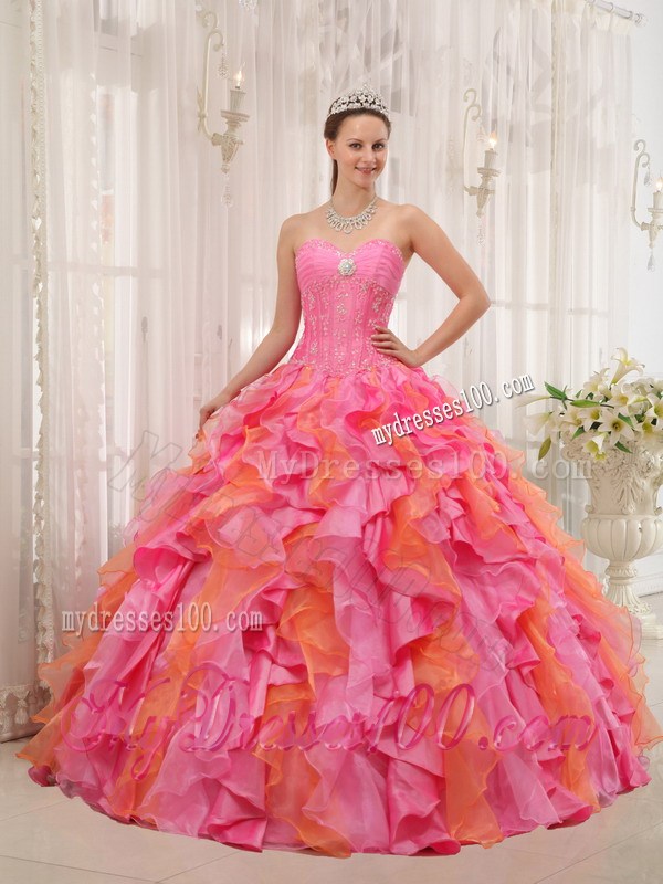 Multi-colored Sweetheart Appliques Quinceanera Dress Beading Ruffles