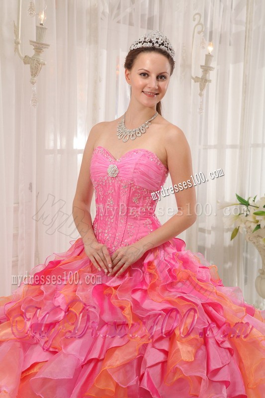 Multi-colored Sweetheart Appliques Quinceanera Dress Beading Ruffles