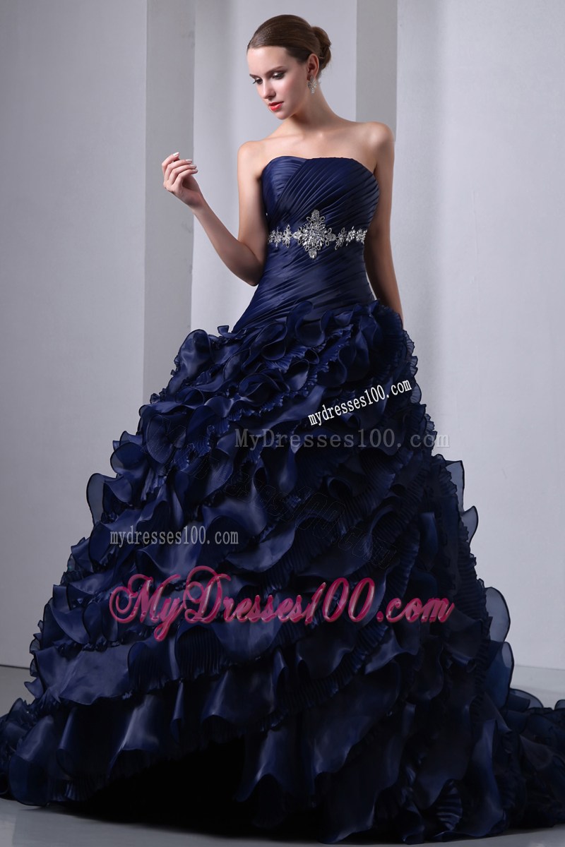 Navy Blue Strapless Brush Train Beading and Ruch Ruffles Quince Dress