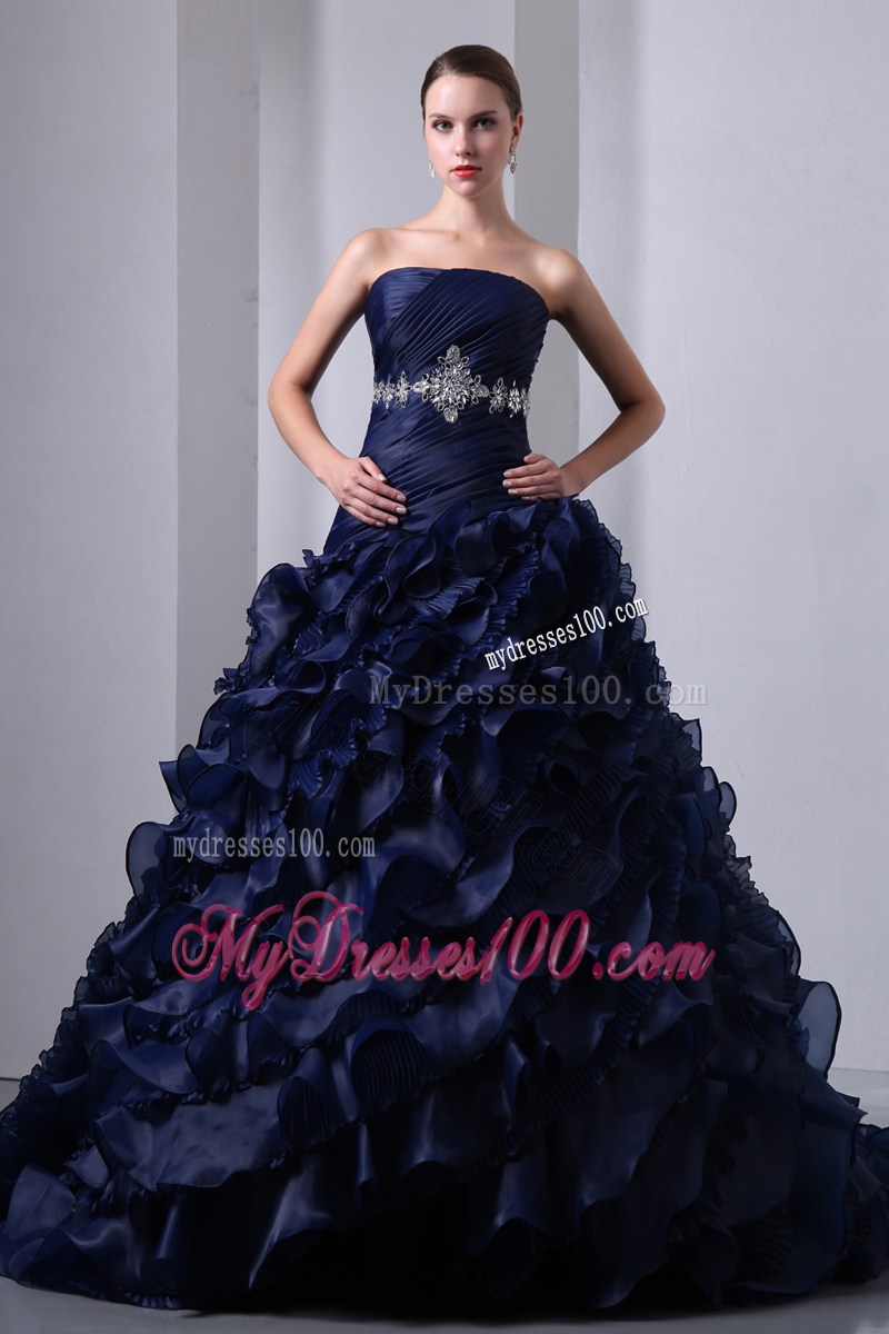 Navy Blue Strapless Brush Train Beading and Ruch Ruffles Quince Dress