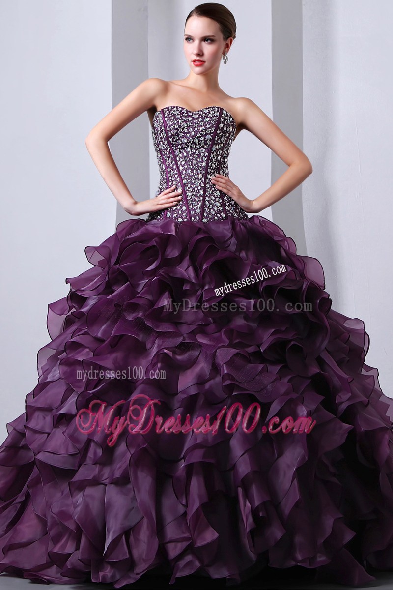 Sweetheart Brush Train Purple A-Line Quinceanera Dress Beading Layers