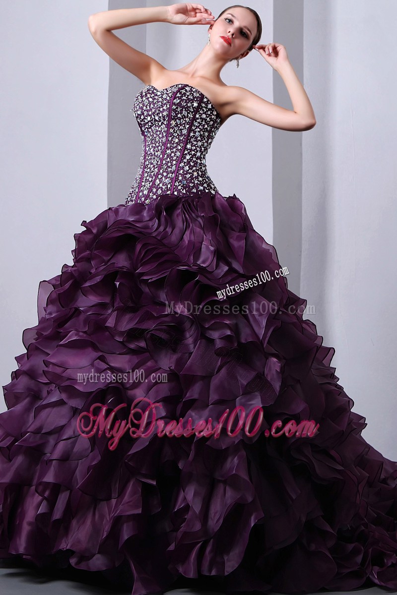 Sweetheart Brush Train Purple A-Line Quinceanera Dress Beading Layers